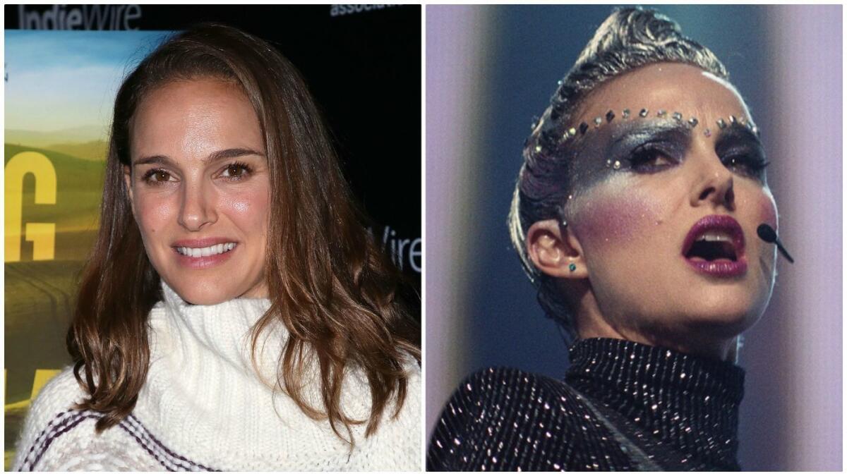 Natalie Portman en la alfombra roja, a la izquierda, y en “Vox Lux”.