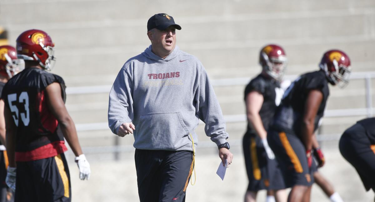 USC Coach Clay Helton runs his players through drills during a practice before the Holiday Bowl on Dec. 28.