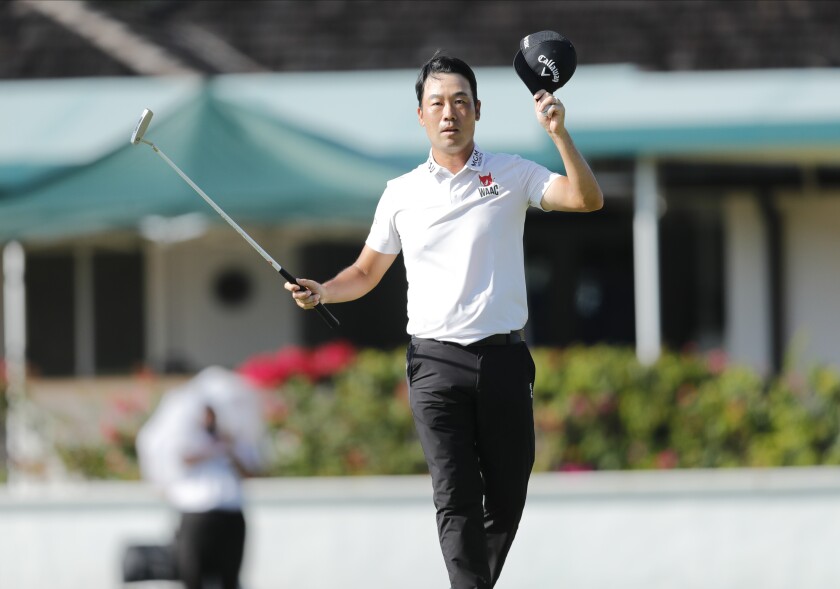 Kevin Na reacts after winning the final round of the Sony Open golf tournament Sunday, Jan. 17, 2021, at Waialae Country Club in Honolulu. (Jamm Aquino/Honolulu Star-Advertiser via AP) Star-Advertiser via AP)