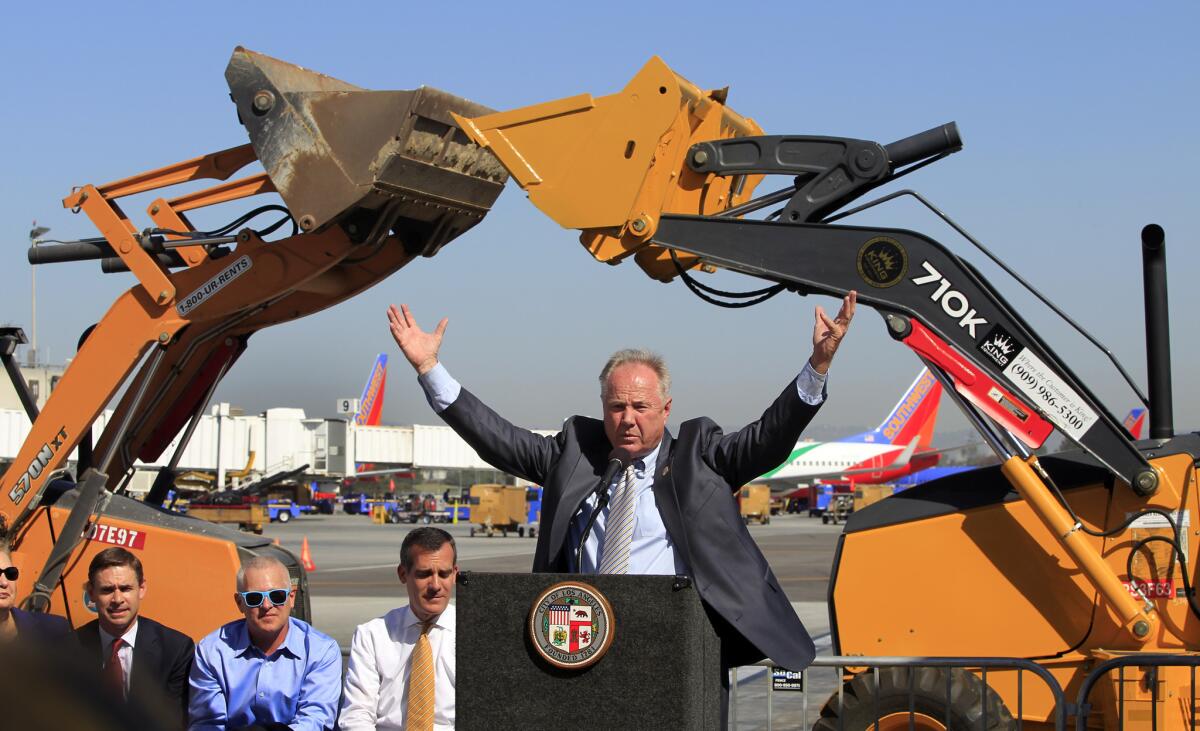 Los Angeles Councilman Tom LaBonge speaks during a groundbreaking ceremony for the LAX Terminal 1 expansion and modernization program in Los Angeles Tuesday. It is part of an ongoing modernization of all the domestic terminals at the airport.