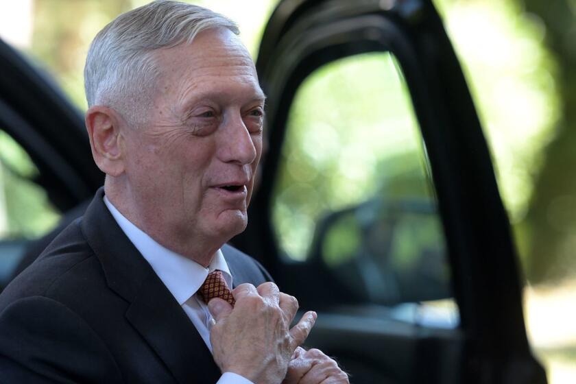 Mandatory Credit: Photo by NAKE BATEV/EPA-EFE/REX/Shutterstock (9884779ai) US Secretary of Defense James Mattis gets out of his car to meet with President of FYR of Macedonia Gjorge Ivanov, in Skopje, The Former Yugoslav Republic Of Macedonia (FYROM), 17 September 2018. Secretary Mattis is a one-day visit to FYROM. US Secretary of Defense James Mattis visits FYR of Macedonia, Skopje, Macedonia, The Former Yugoslav Republic Of - 17 Sep 2018 ** Usable by LA, CT and MoD ONLY **