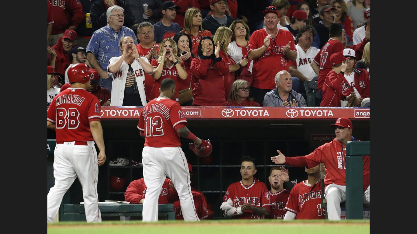 Fans cheer as Angels catcher Martin Maldonado approaches the dugout after scoring against the Mariners during the third inning of a game on April 7.