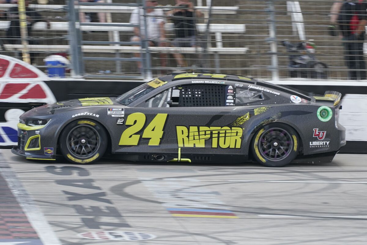 William Byron (24) drives during the NASCAR Cup Series auto race at Texas Motor Speedway in Fort Worth, Texas, Sunday, Sept. 25, 2022. (AP Photo/Larry Papke)