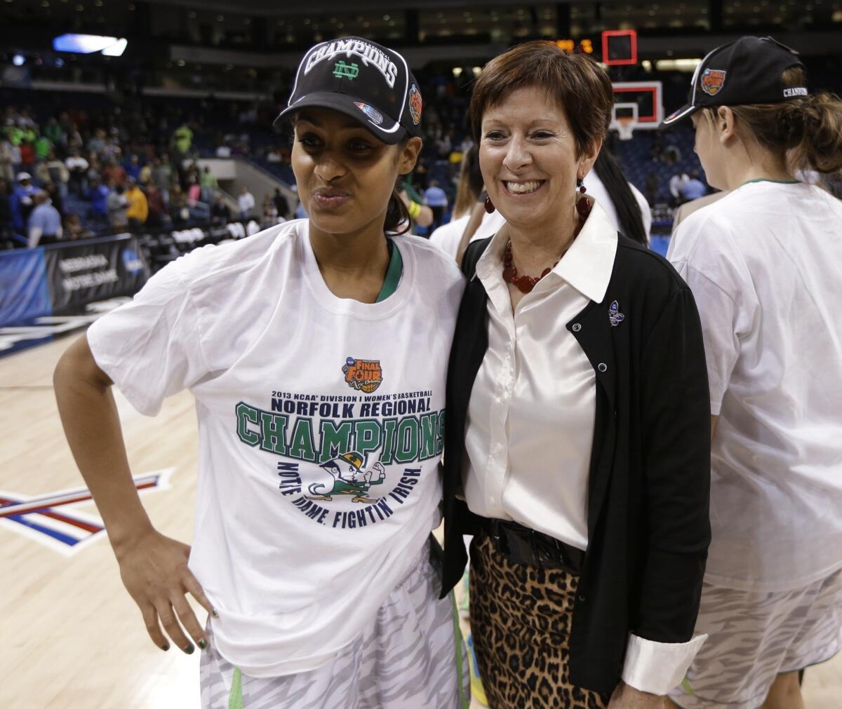 Notre Dame star Skylar Diggins, left, says she wants to win a national title for Coach Muffet McGraw.