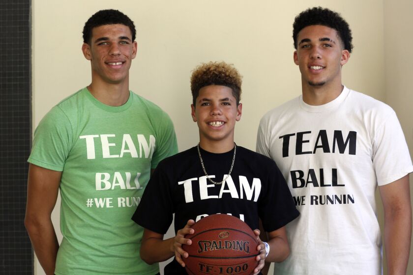 Brothers (from left) Lonzo Ball, LaMelo Ball and LiAngelo Ball will lead Chino Hills this season.