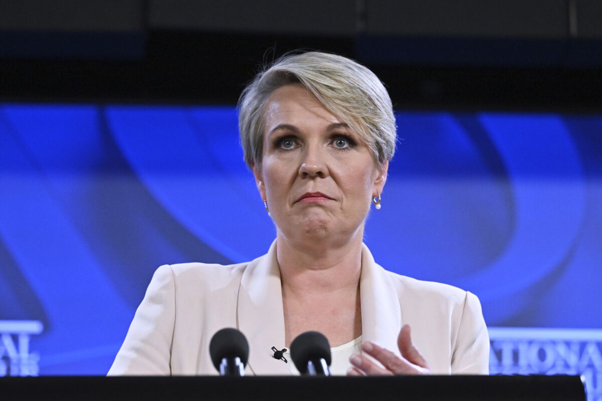 Australia's Minister for the Environment and Water Tanya Plibersek speaks at the National Press Club in Canberra, Tuesday, July 19, 2022. A five-year report found Australia's environment continues to deteriorate due to climate change, resource extraction and other causes, prompting the new center-left government to promise new laws and enforcement of them. (Mick Tsikas/AAP Image via AP)