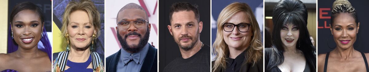 This combination photo of celebrities with birthdays from Sept. 12-18 shows Jennifer Hudson, from left, Jean Smart, Tyler Perry, Tom Hardy, Amy Poehler, Elvira Mistress of the Dark and Jada Pinkett Smith. (AP Photo)