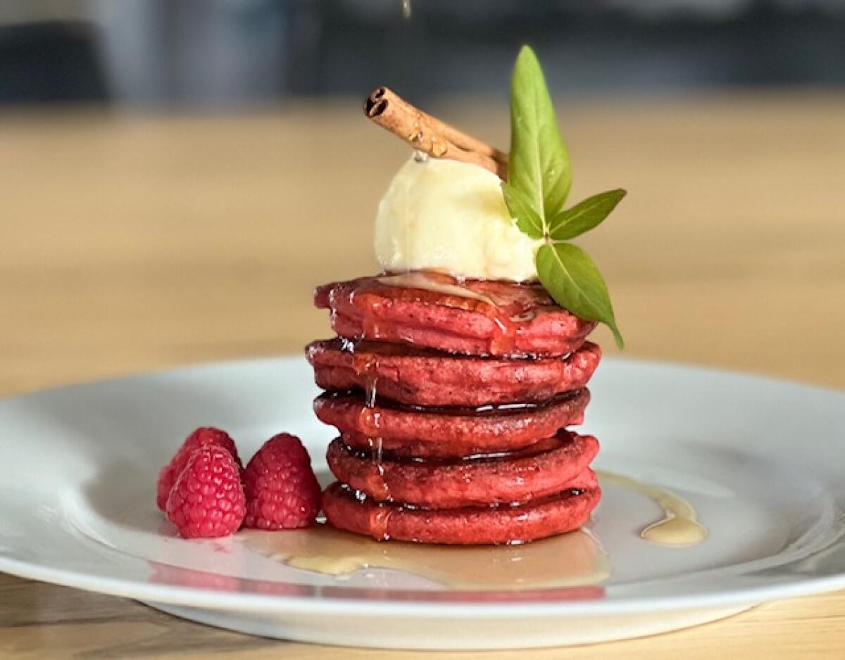 Red velvet pancakes are a natural for Valentine's Day breakfast.