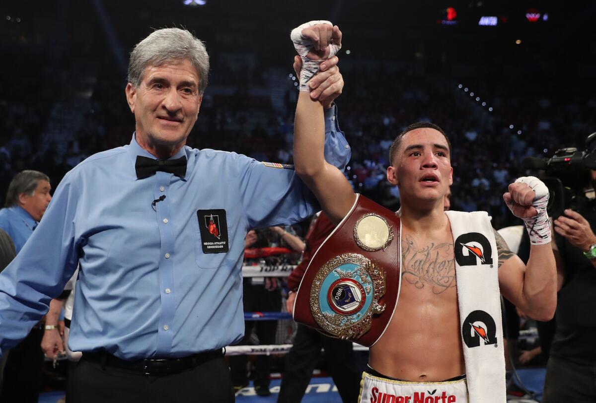 LAS VEGAS, NV - NOVEMBER 05: Oscar Valdez of Mexico poses after his TKO victory over Osawa Hiroshige of Japan during their WBO featherweight championship fight at the Thomas & Mack Center on November 5, 2016 in Las Vegas, Nevada. (Photo by Christian Petersen/Getty Images) ** OUTS - ELSENT, FPG, CM - OUTS * NM, PH, VA if sourced by CT, LA or MoD **