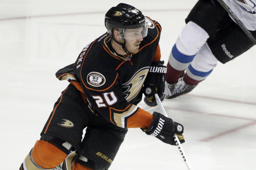 Ducks defenseman James Wisniewski skates with the puck during an overtime win against the Colorado Avalanche on March 20.