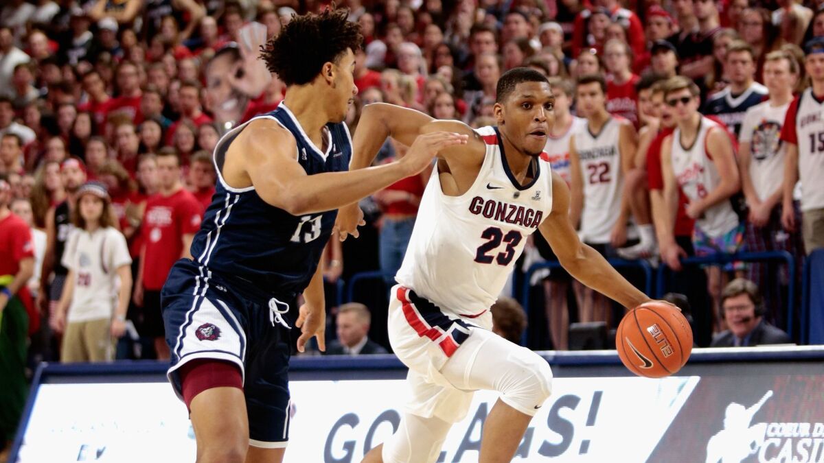 Zach Norvell Jr. (23) of the Gonzaga Bulldogs drives against Dameane Douglas (13) of the Loyola Marymount Lions in the second half at McCarthey Athletic Center on January 17, 2019 in Spokane, Washington.