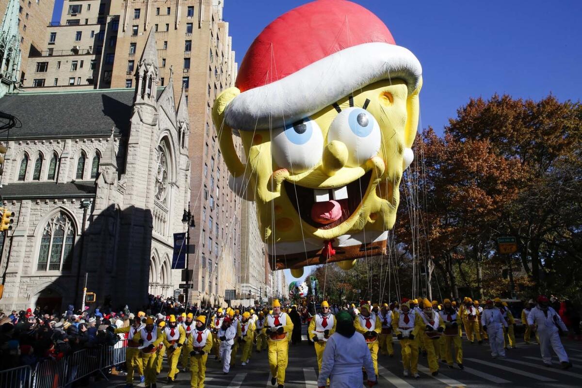 A "SpongeBob SquarePants" balloon floats over Central Park West last week during the Macy's Thanksgiving Day Parade.