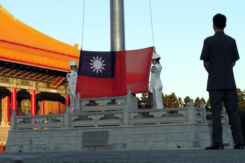 Editorial use only. HANDOUT /NO SALES Mandatory Credit: Photo by DAVID CHANG/EPA-EFE/REX (10407553b) Soldiers perform the flag-raising ceremony at the Liberty Square in Taipei, Taiwan, 11 September 2019. The Solomon Islands, one of Taiwan's 17 diplomatic allies, is debating whether it should drop Taiwan and recognize China. Taiwan tries to prevent Solomon Islands from breaking ties, Taipei - 11 Sep 2019 ** Usable by LA, CT and MoD ONLY **