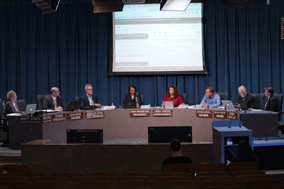 The San Diego Unified School District board, pictured in April 2019, has overhauled its discipline and grading practices.