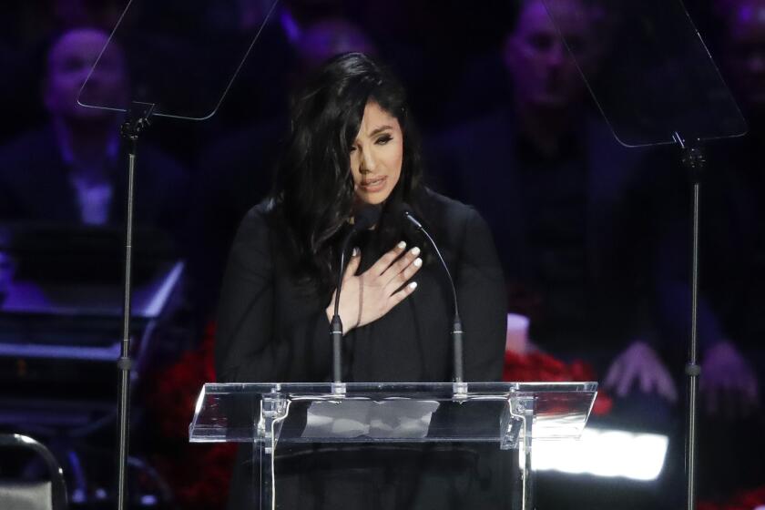 FILE - Vanessa Bryant speaks during a celebration of life for her husband Kobe Bryant and daughter Gianna Monday, Feb. 24, 2020, in Los Angeles. A federal judge ruled Monday, Nov. 1, 2021, that Kobe Bryant’s widow won't have to undergo psychiatric testing for her lawsuit over graphic photos of the 2020 helicopter crash that killed the basketball star, her 13-year-old daughter and others. (AP Photo/Marcio Jose Sanchez, File)