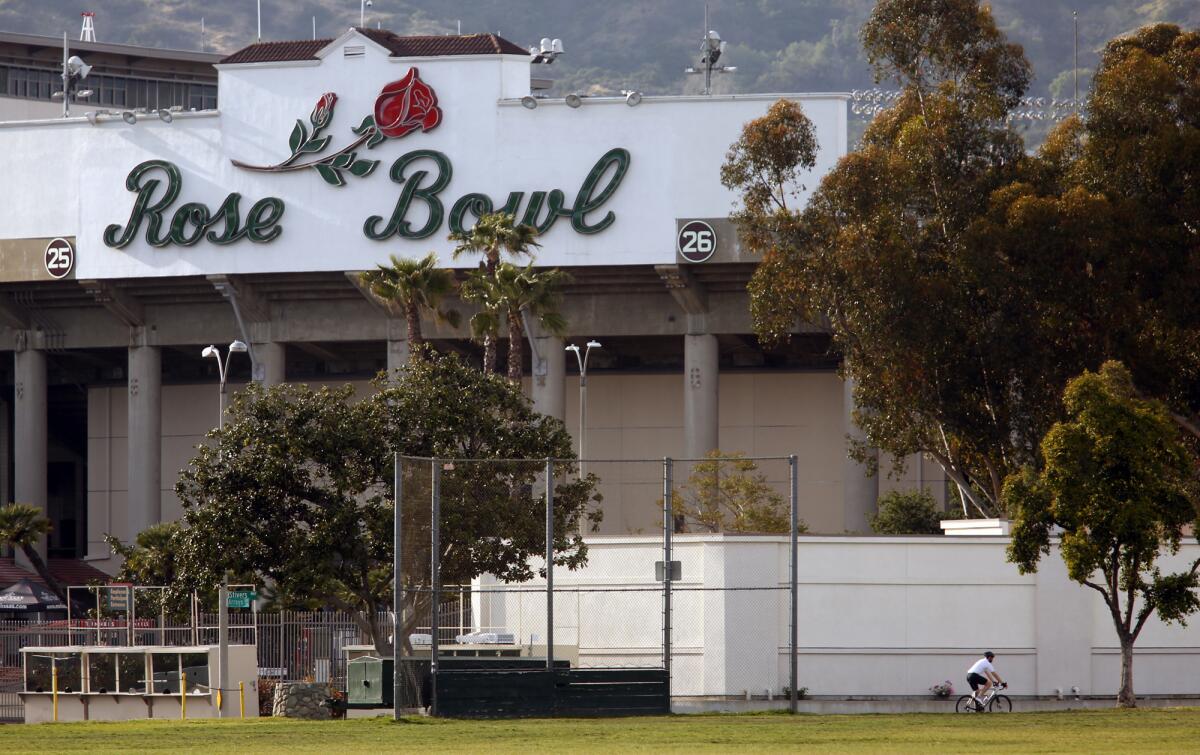 The Rose Bowl as viewed from the path along Seco Street in Pasadena.