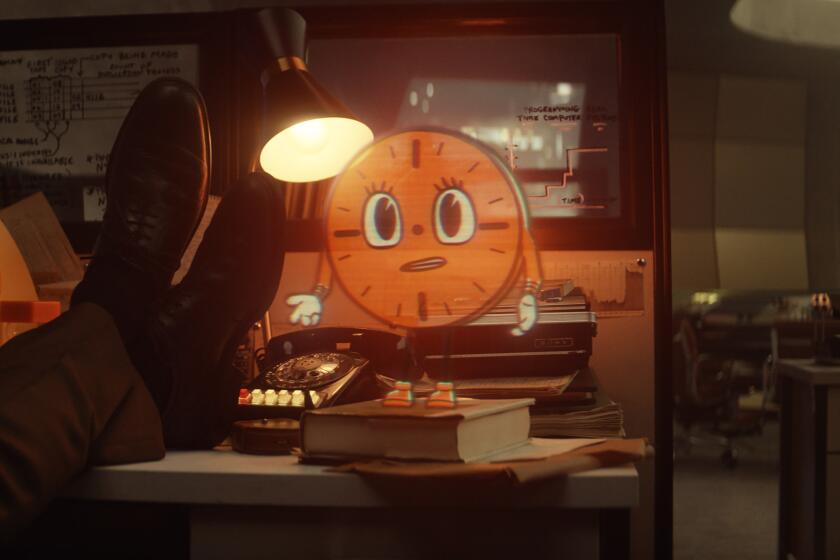An animated clock standing on books on top of a real desk