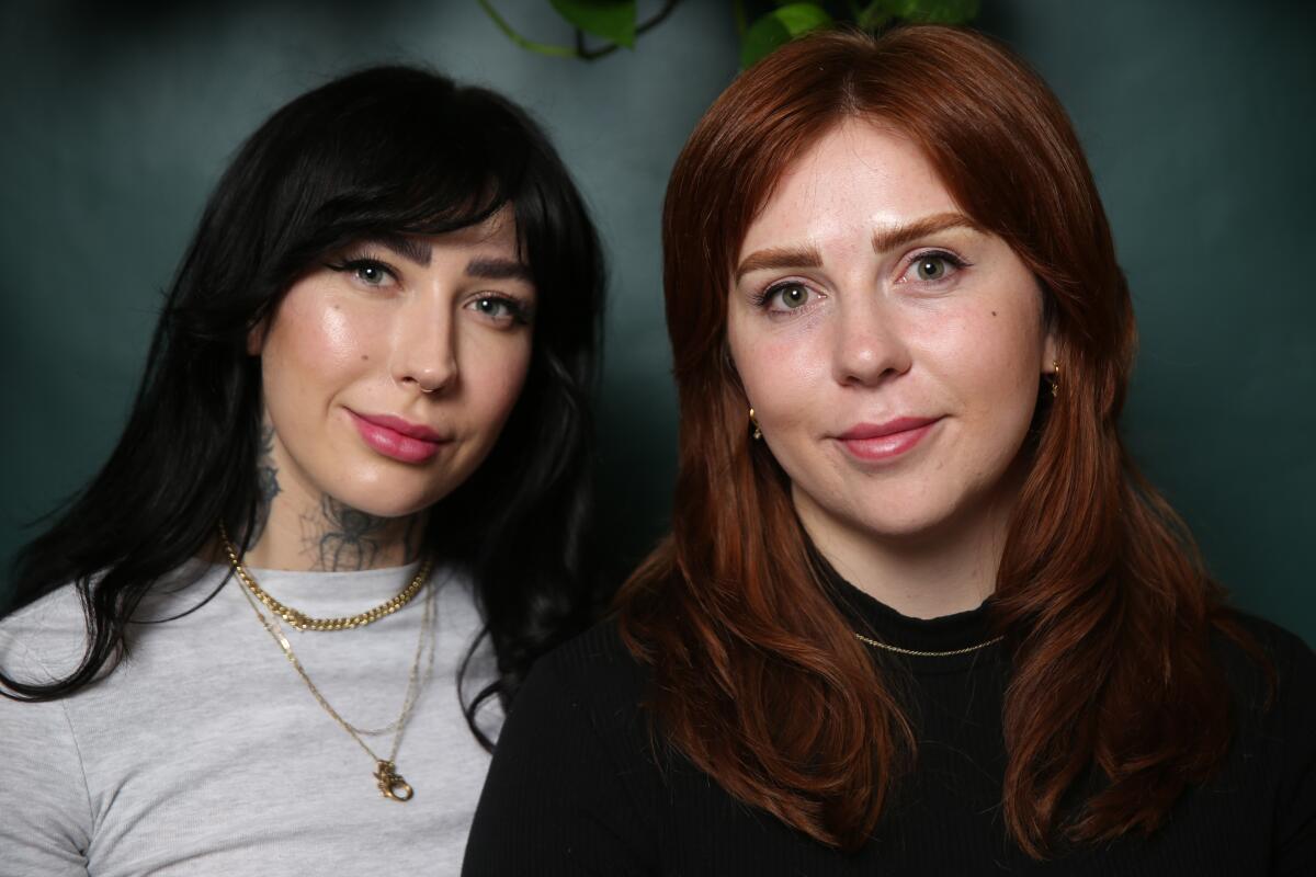 Kahli Smith, co-owner of Fiction Cosmetic Tattooing, left, with Tess Henderson after a microblading procedure.
