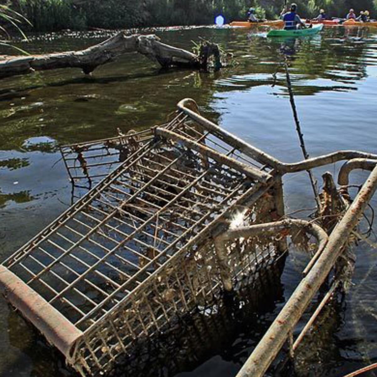 Closeup of a rusted grocery cart partially submerged in water as people kayak in the background.
