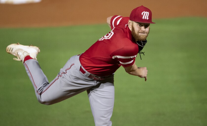 Miami (Ohio) pitcher Sam Bachman throws from the mound.