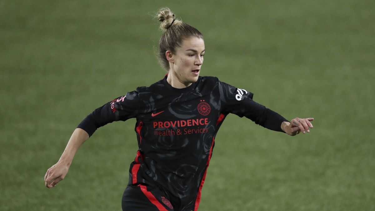 Christen Westphal plays during an NWSL Challenge Cup soccer match in April for Portland.