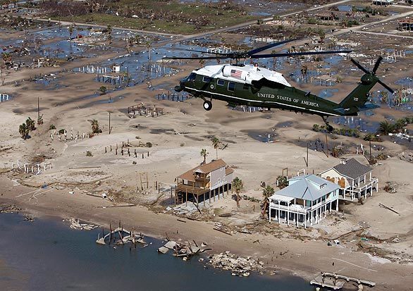 Marine One, with President Bush aboard, takes an aerial tour of the damage from Hurricane Ike near Galveston, Texas.