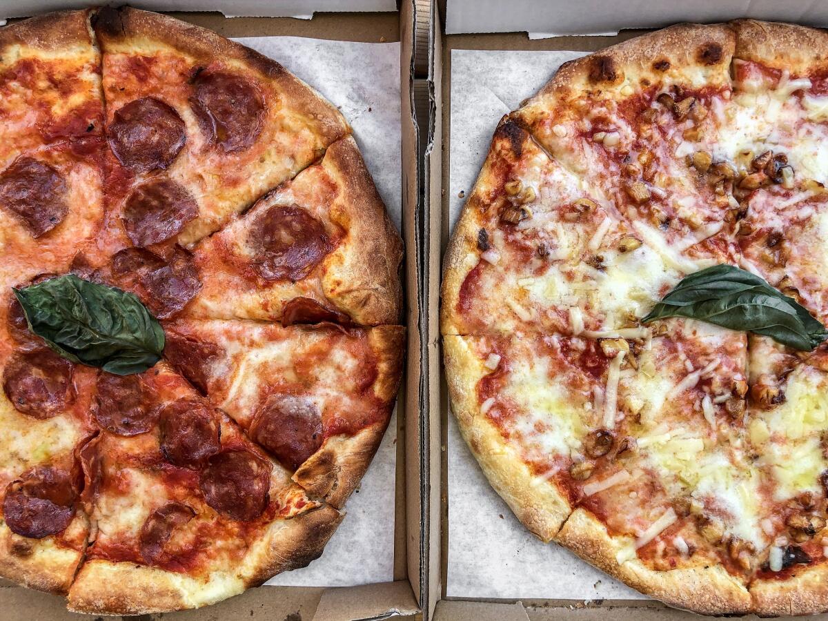 The Diavola (with spicy salami) and the Aglietta (with roasted garlic) at LBK in Studio City.