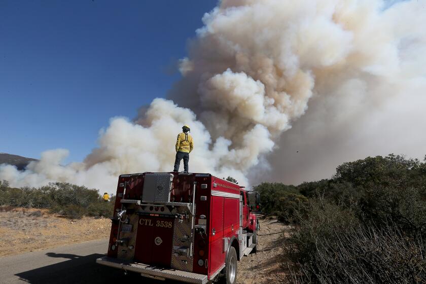 GOLETA, CALIF. - OCT.13, 2021. A firefighter is dwarfed by thhe plume of the Alisal fire near Goleta on Wednesday, Oct. 13, 2021. (Luis Sinco / Los Angeles Times)