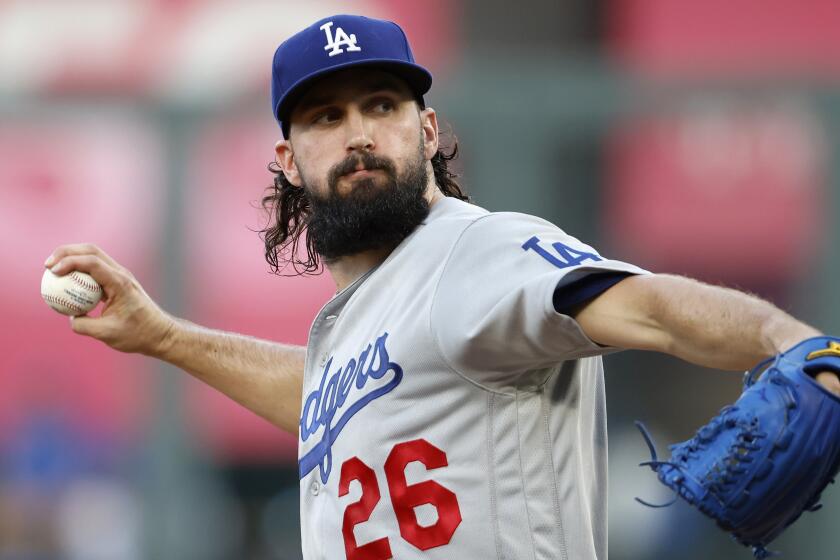 Los Angeles Dodgers pitcher Tony Gonsolin during a baseball game in Kansas City, Mo., Friday, Aug. 12, 2022. (AP Photo/Colin E. Braley)