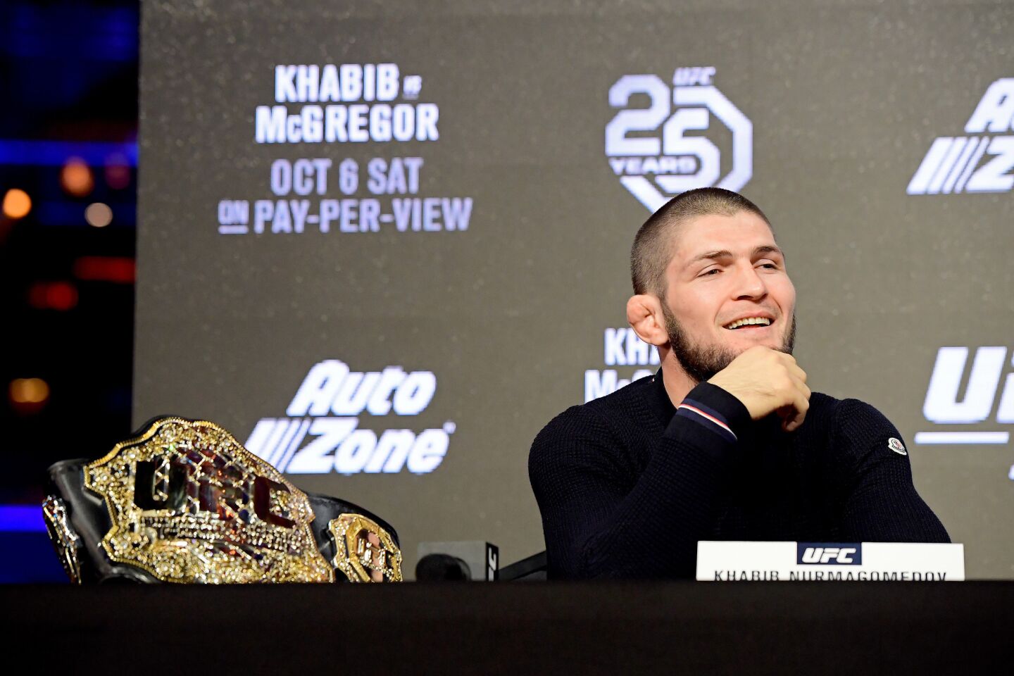 NEW YORK, NY - SEPTEMBER 20: Lightweight Champion Khabib Nurmagomedov reacts during the UFC 229 Press Conference at Radio City Music Hall on September 20, 2018 in New York City. (Photo by Steven Ryan/Getty Images) ** OUTS - ELSENT, FPG, CM - OUTS * NM, PH, VA if sourced by CT, LA or MoD **