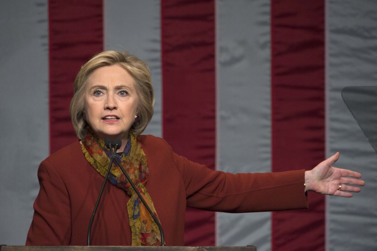 Democratic presidential candidate Hillary Clinton speaks in New York on Feb. 16.