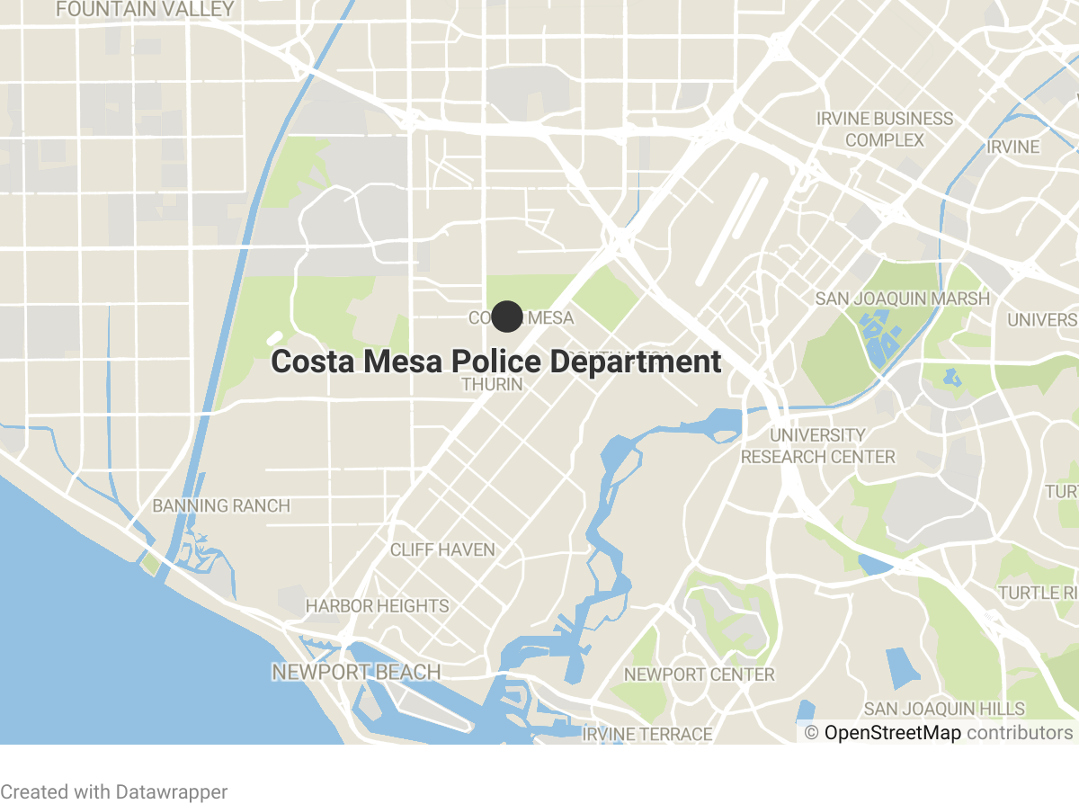 A map showing the location of the Costa Mesa Police Department, at 99 Fair Drive in Costa Mesa.