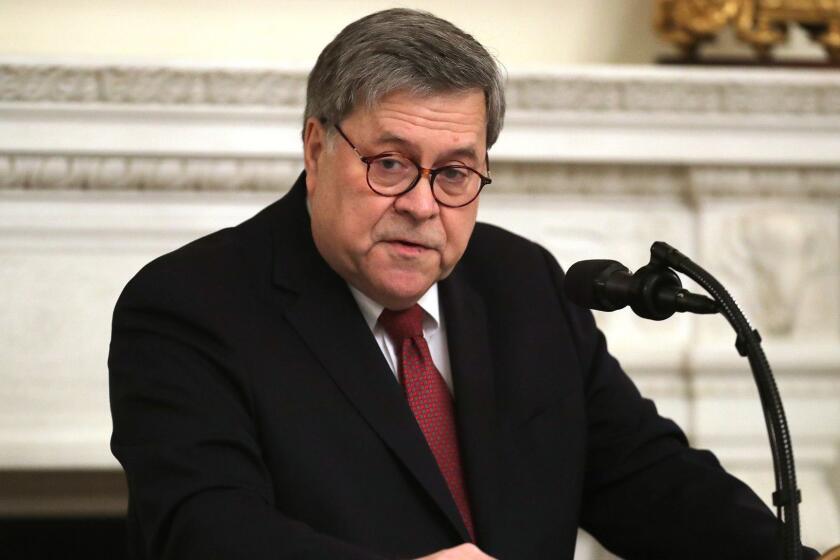 WASHINGTON, DC - MARCH 04: U.S. Attorney General William Barr addresses a meeting of the National Association of Attorneys General in the State Dining Room at the White House March 04, 2019 in Washington, DC. President Donald Trump addressed the group about progress made by his administration in fighting crime and drug trafficking and securing the southern border with Mexico. (Photo by Chip Somodevilla/Getty Images) ** OUTS - ELSENT, FPG, CM - OUTS * NM, PH, VA if sourced by CT, LA or MoD **