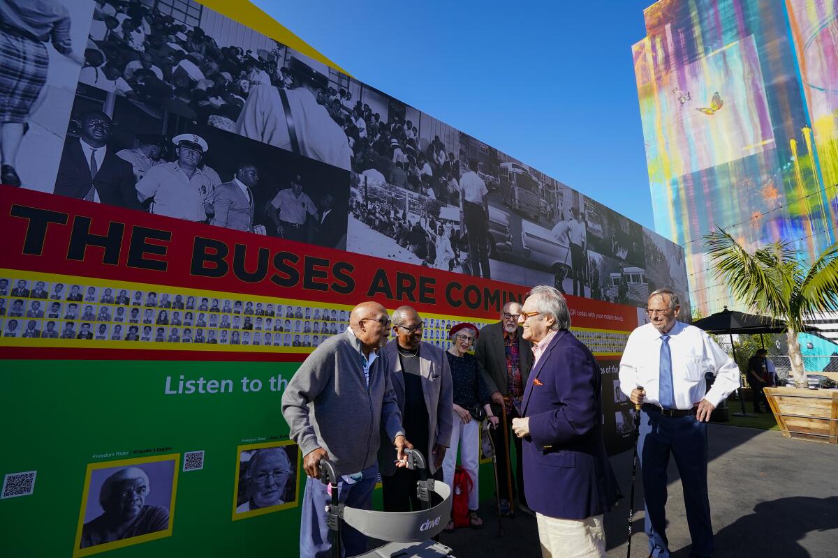 Freedom Riders (from left) Luvaghn Brown, Hezekiah Watkins, Carol Ruth Silver, Max Pavesic, Lewis Zuchman and Bob Filner