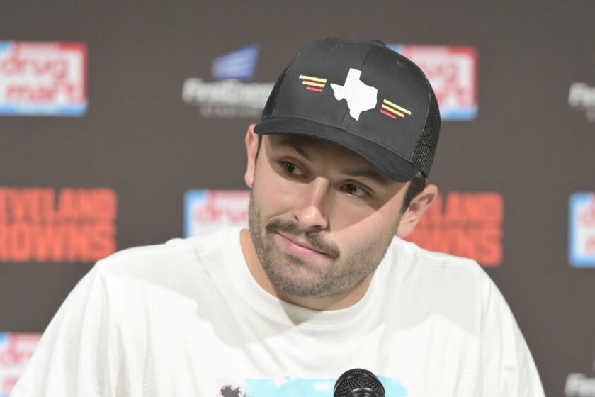 Cleveland Browns quarterback Baker Mayfield answers questions after an NFL preseason football game against the Washington Redskins, Thursday, Aug. 8, 2019, in Cleveland. (AP Photo/David Richard)
