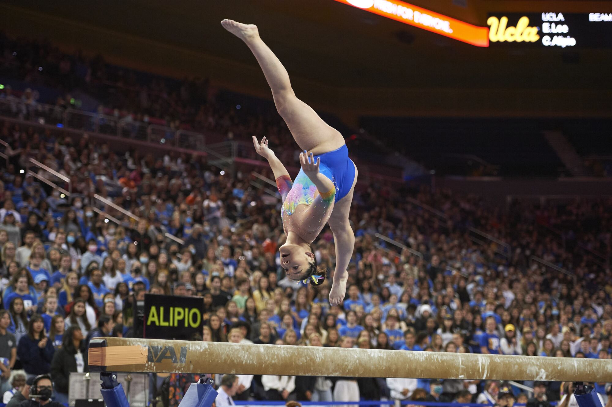 La gymnaste de l'UCLA Ciena Alipio participe à la poutre lors d'une rencontre contre l'État de l'Oregon