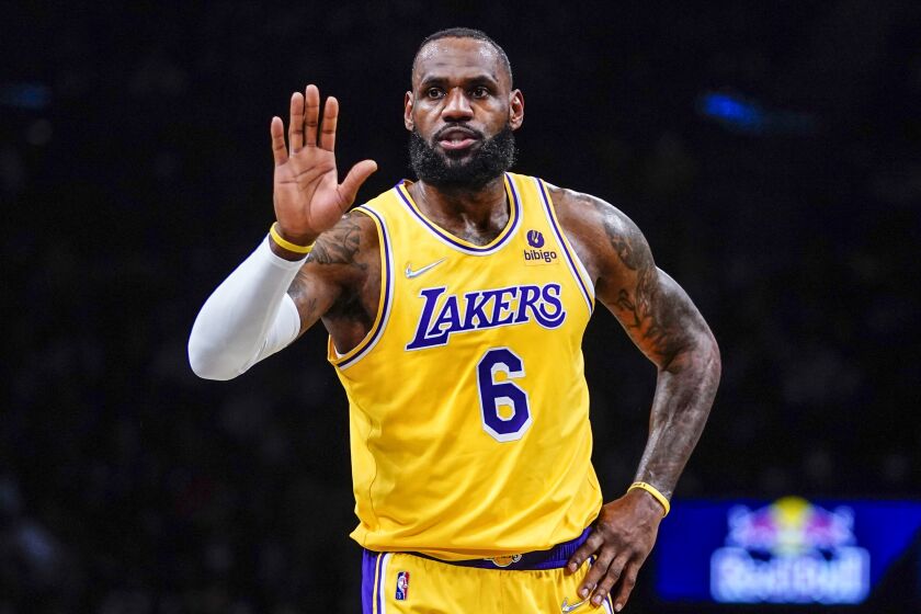 Los Angeles Lakers forward LeBron James (6) reacts during a game against the Brooklyn Nets.