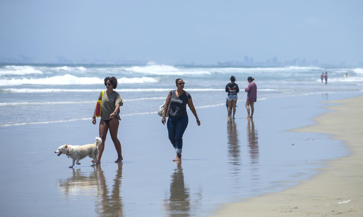 Beachgoers and dogs enjoy the weather at Huntington Dog Beach in Huntington Beach on Tuesday.