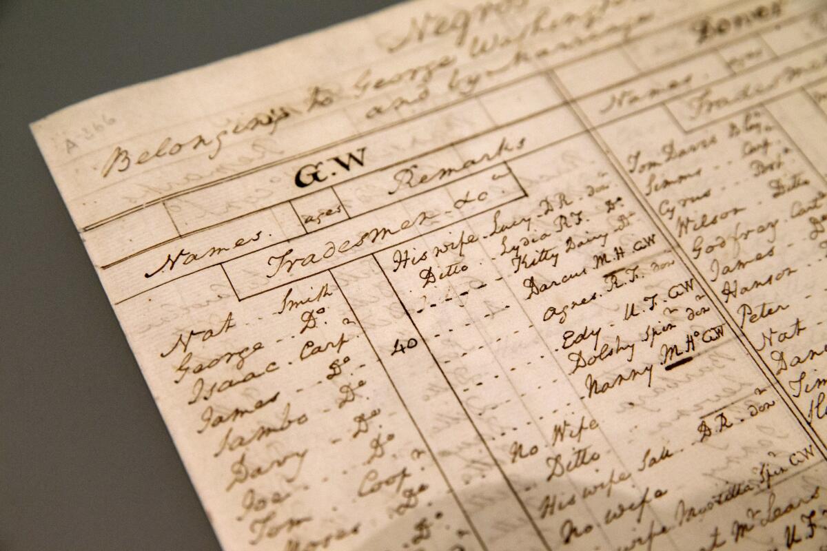 This ledger at the library studying George Washington in Mount Vernon, Va., lists his slaves. Jacquelyn Martin Associated Press