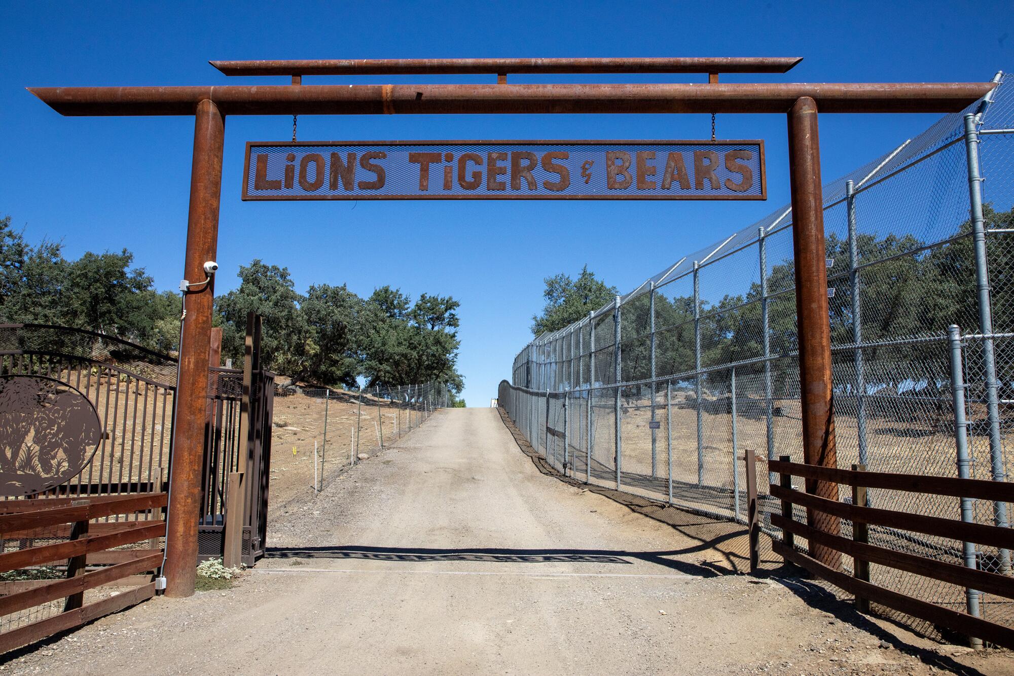 The entrance to the Lions Tigers & Bears sanctuary in Alpine, Calif.