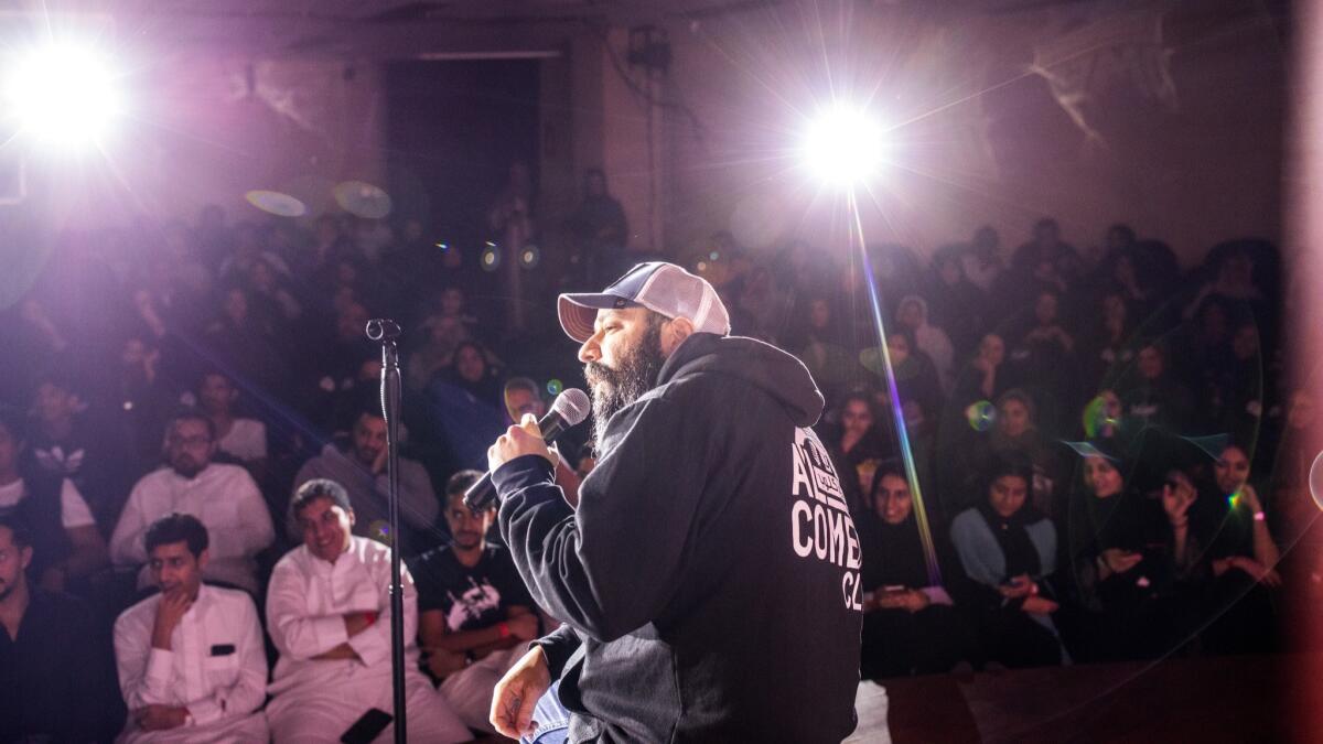 Yaser Bakr performing at Al Comedy Club in Jidda, Saudi Arabia.