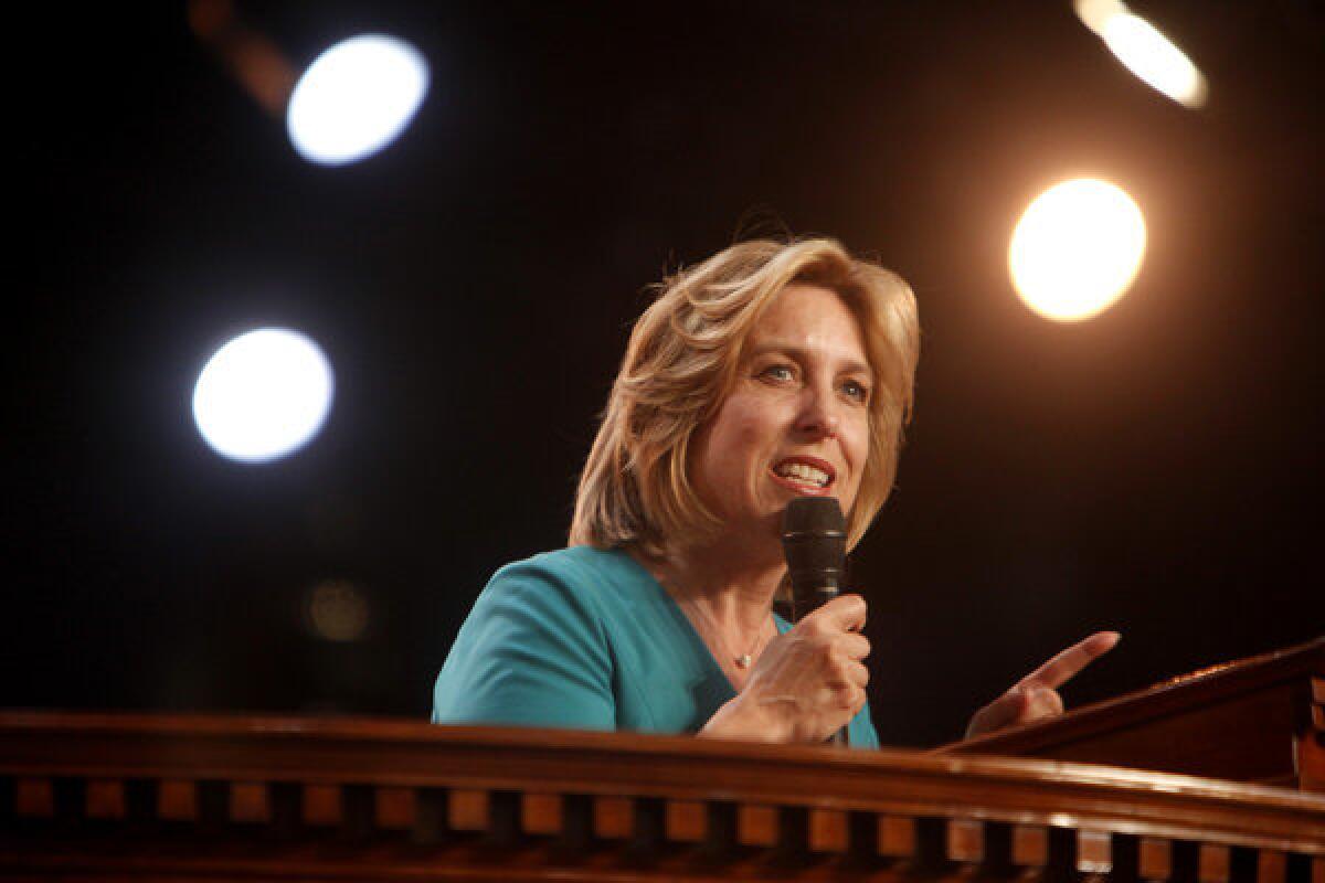 Wendy Greuel speaks at the City of Refuge Church in Gardena during the mayoral campaign.