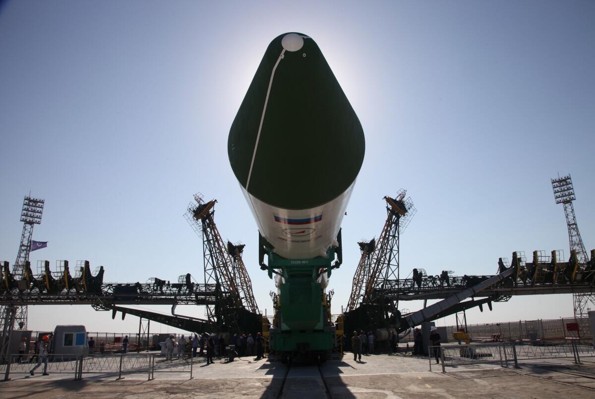 Russia's Progress M-28M cargo ship is mounted on a launch pad at the Baikonur Cosmodrome in Kazakhstan on Wednesday.
