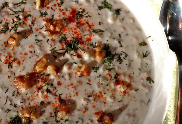 Cucumber and yogurt soup with barley