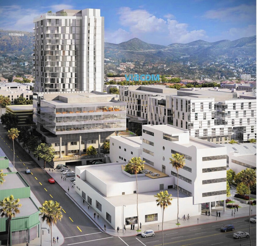 The Columbia Square office and residential complex is shows in this rendering at Sunset Boulevard and Gower Street. The original CBS office and studio complex is in the foreground.