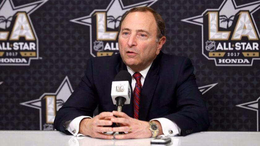 NHL Commissioner Gary Bettman speaks at a news conference during 2017 NHL All-Star Media Day on Saturday.