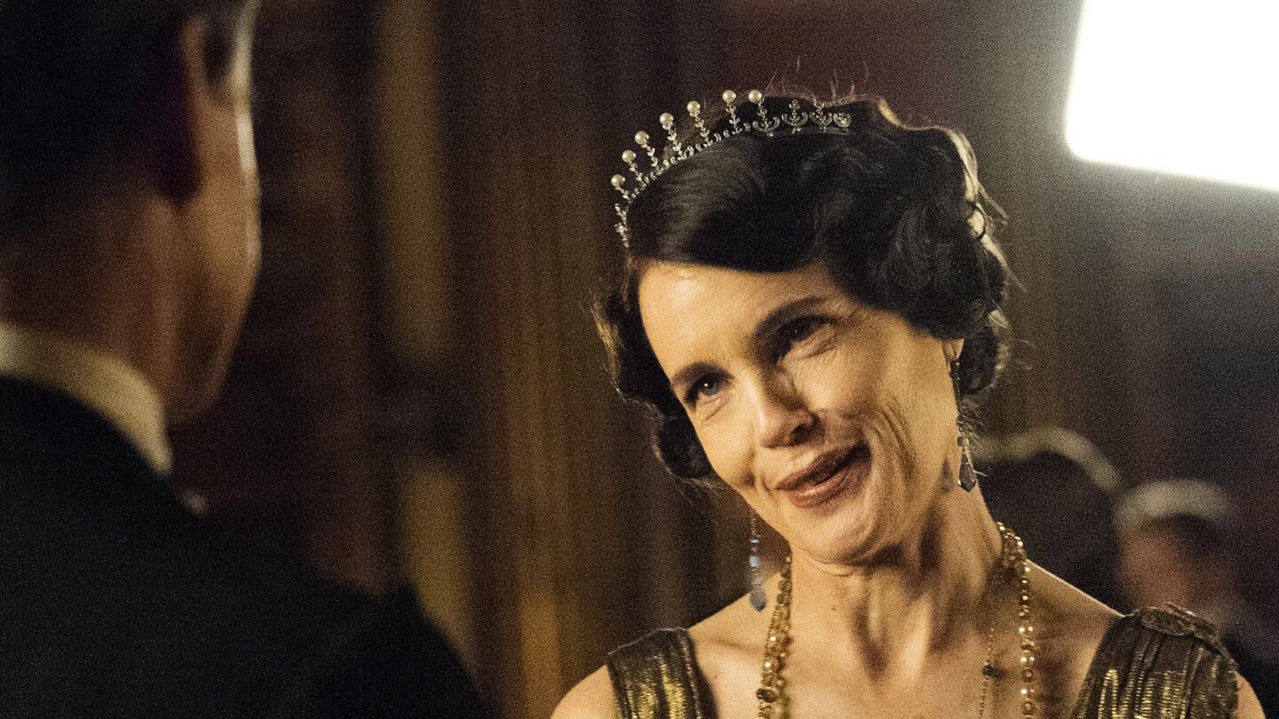 Elizabeth McGovern rehearses before filming a scene of "Downton Abbey" in the upstairs set at Highclere Castle.