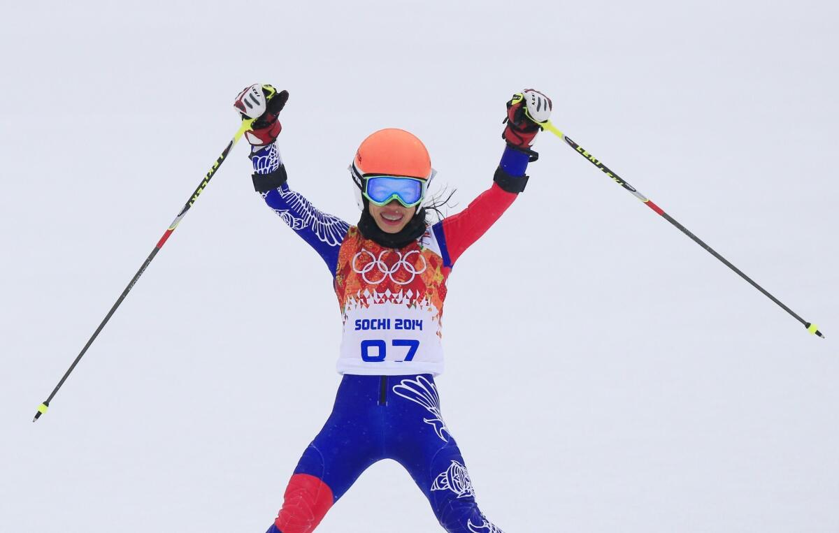 Thailand's Vanessa-Mae reacts after a giant slalom run during the Sochi Winter Olympics in February 2014.