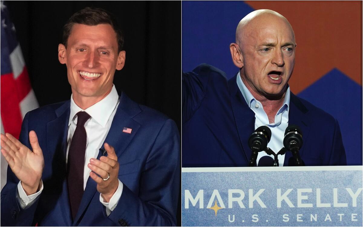 Side-by-side photos of Arizona rivals for U.S. Senate: Republican Blake Masters and Democratic incumbent Mark Kelly