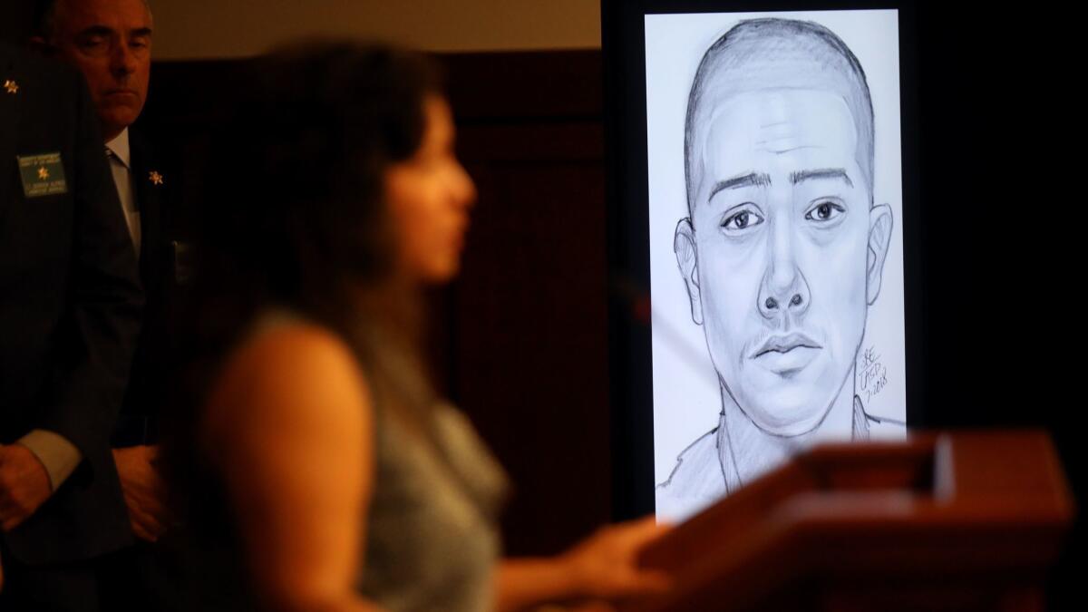 Alejandra Johnson, left, sister of the Edward Berber, appears with a sketch of a person of interest in the 2005 case.